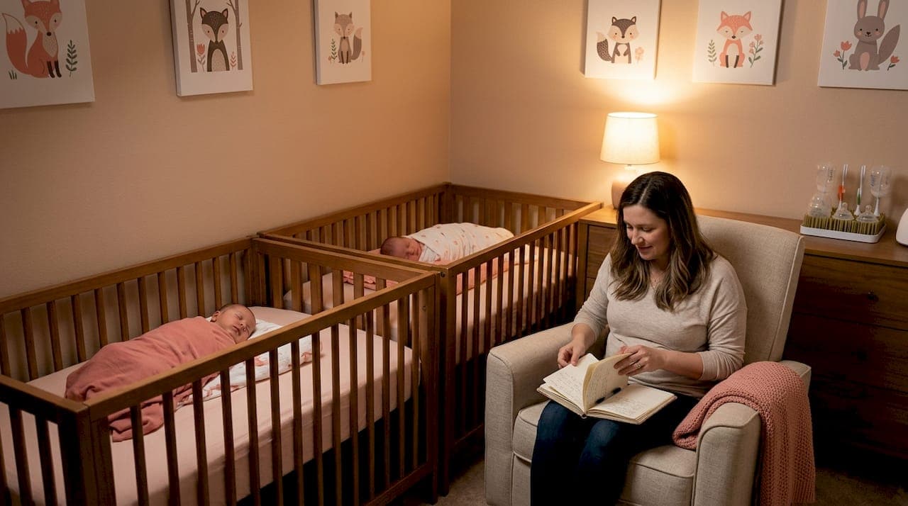 Mother reading beside twin newborns sleeping in nursery