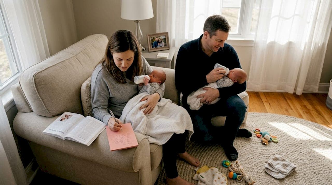 Parents bottle feeding newborn twins on sofa