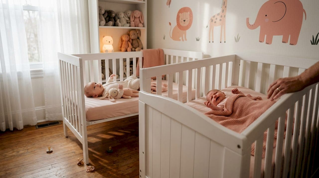 Twin babies in nursery resisting sleep