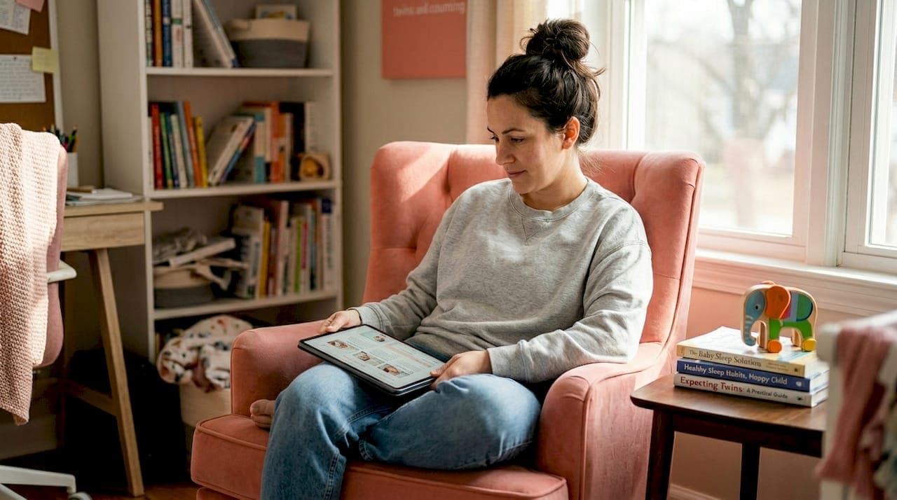 Parent researching twin parenting resources on tablet