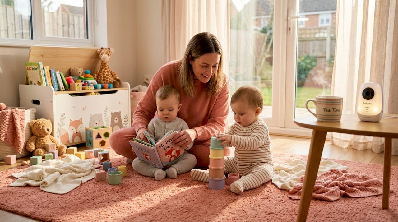 Solo parent playing with twin toddlers at home