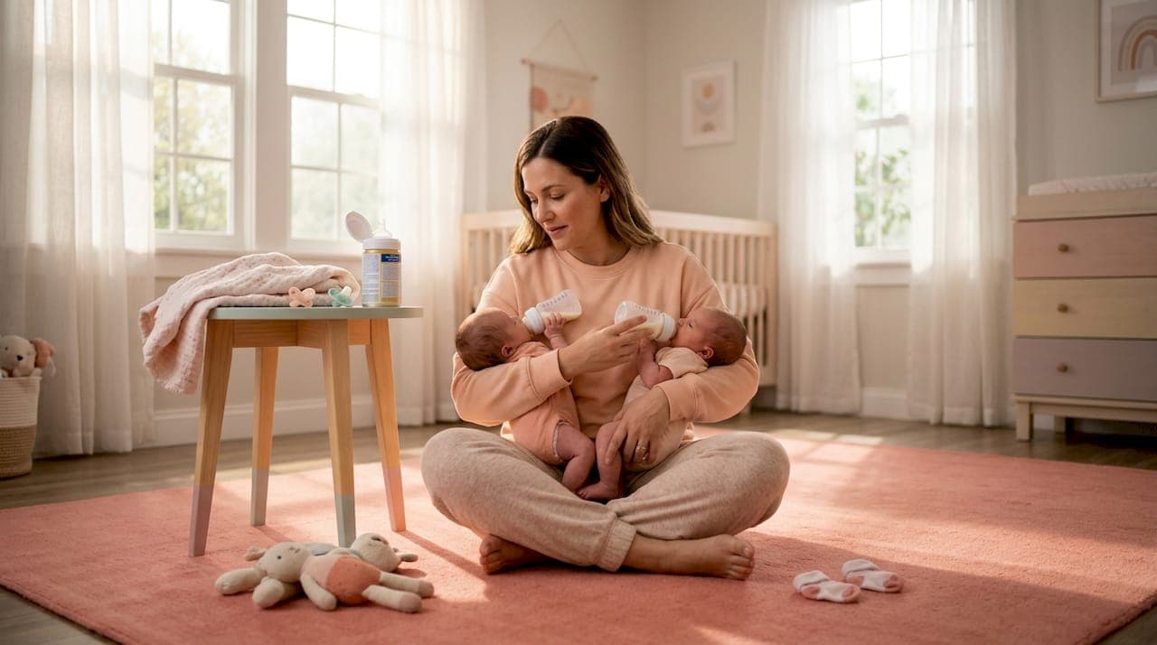 Mother feeding twin newborns in sunlit living room