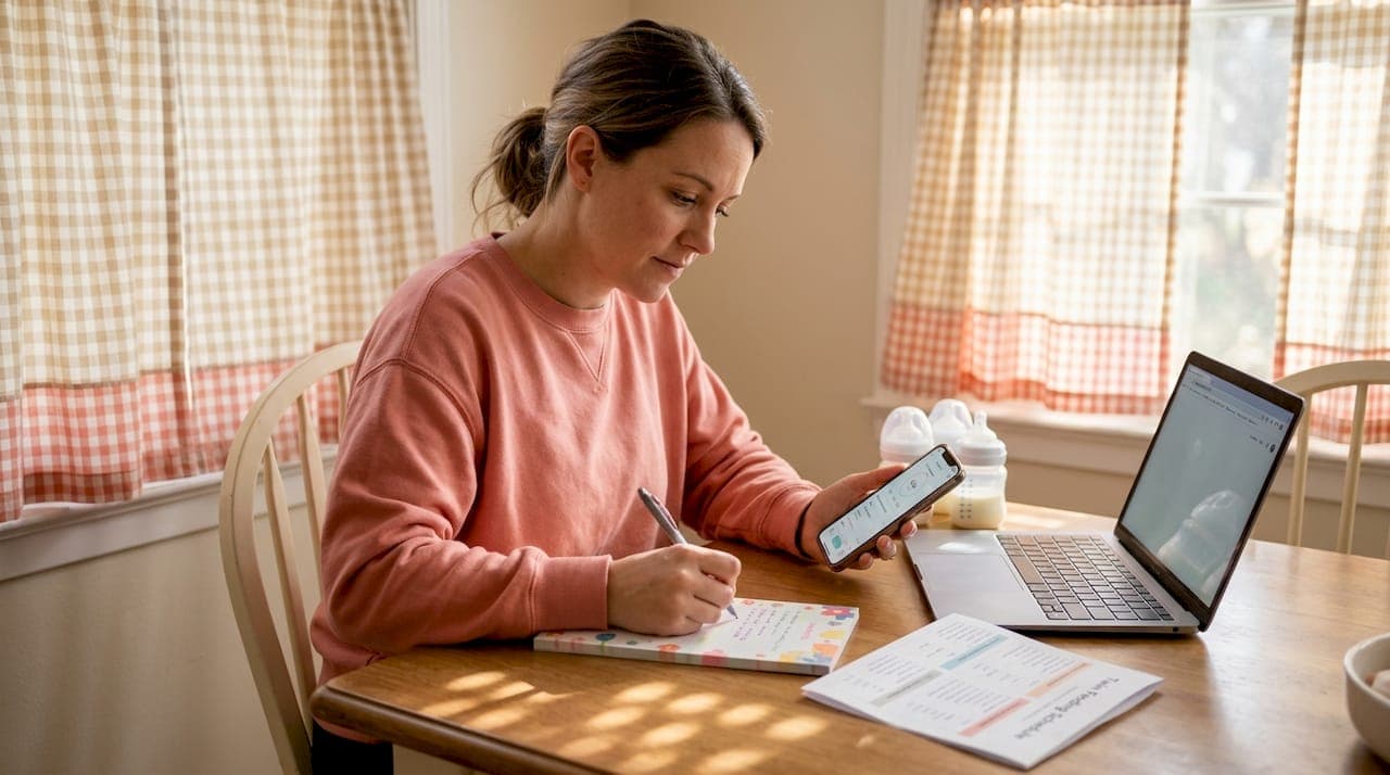 Mother managing twin care apps at kitchen table