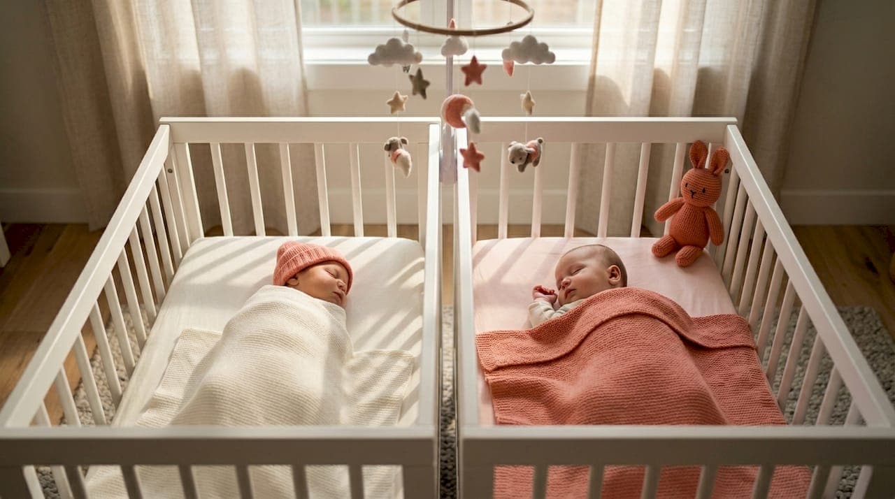 Sleeping twin babies in nursery cribs