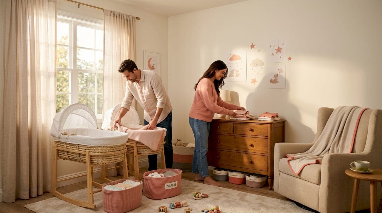 Couple setting up twin nursery