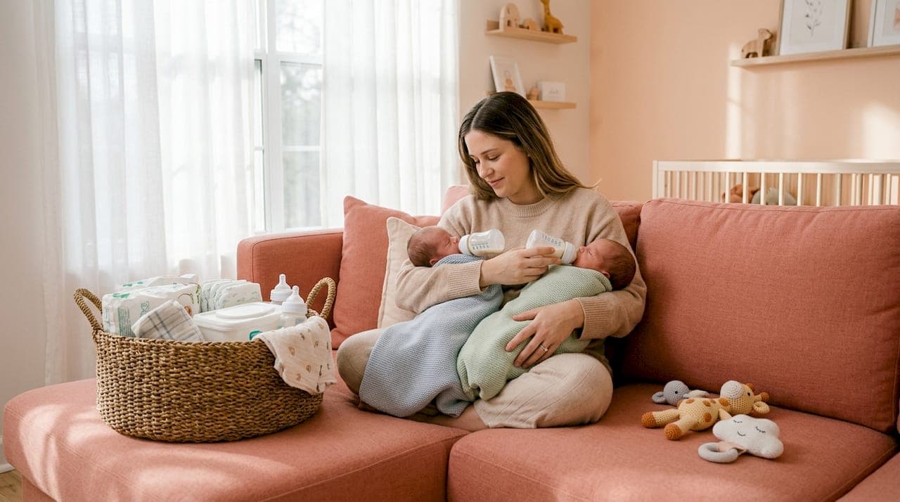 Mother feeding premature twin babies at home