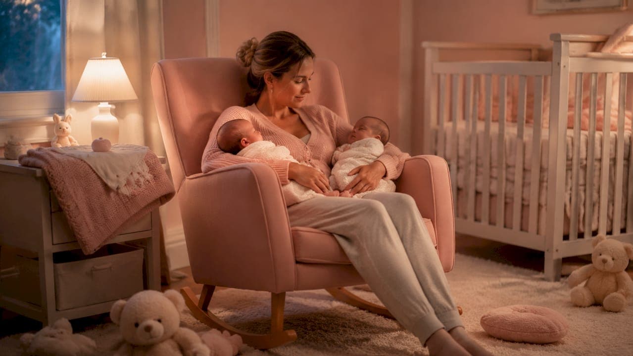 Mother rocking twin babies in nursery