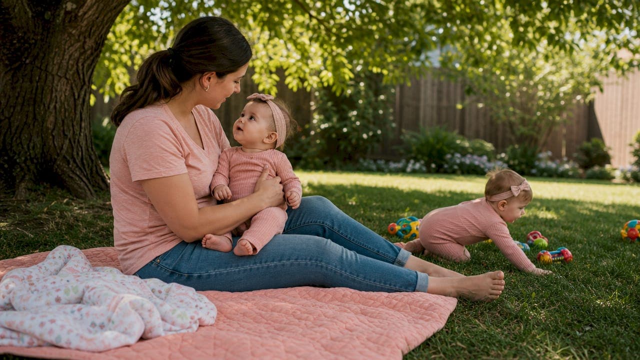 Mother giving individual attention to one twin