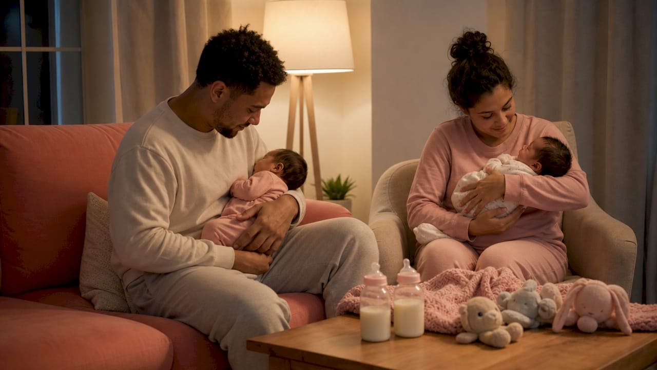 Parents gently feeding twins in nursery