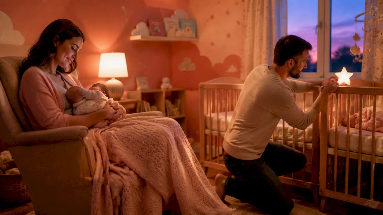 Parents rocking twin babies in cozy nursery