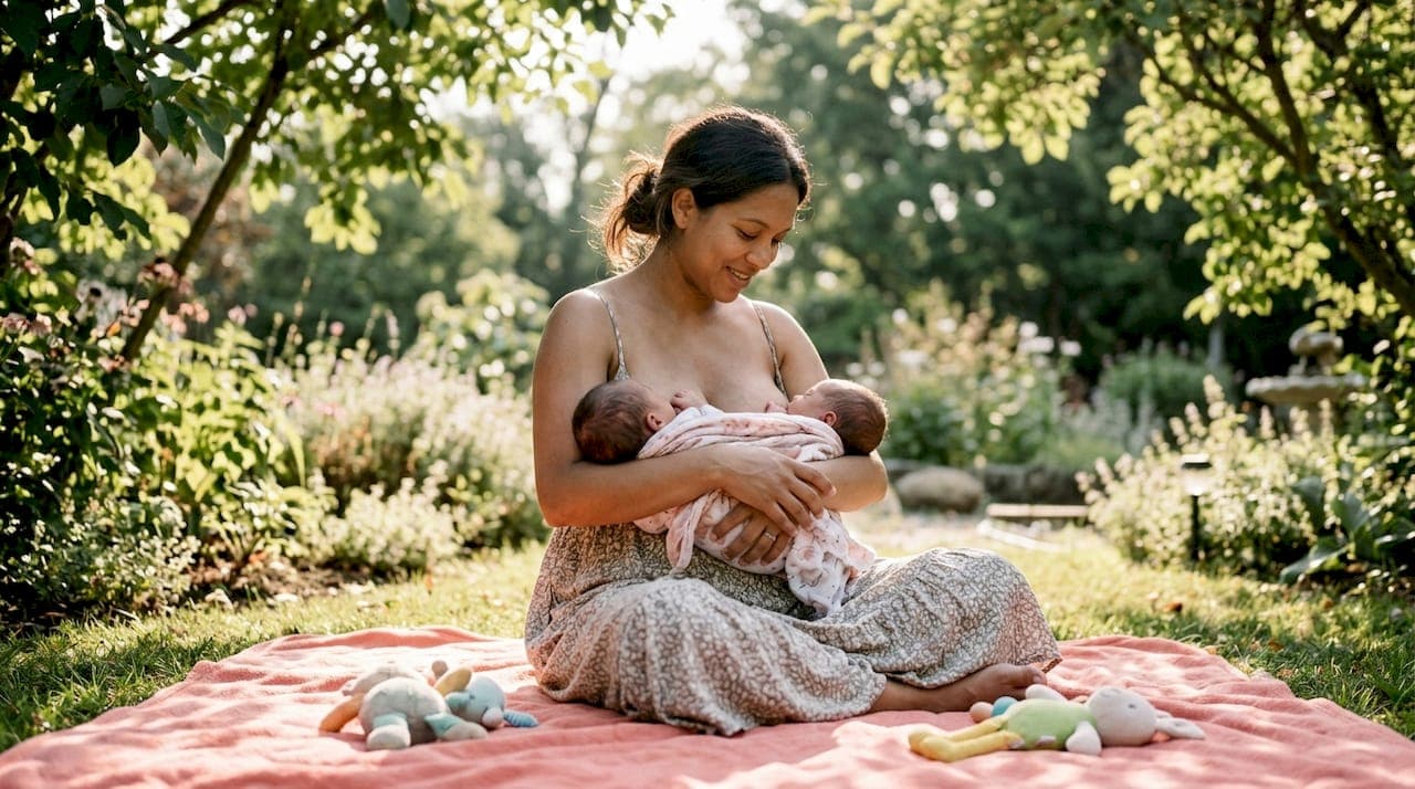 Mother holding newborn twins skin to skin