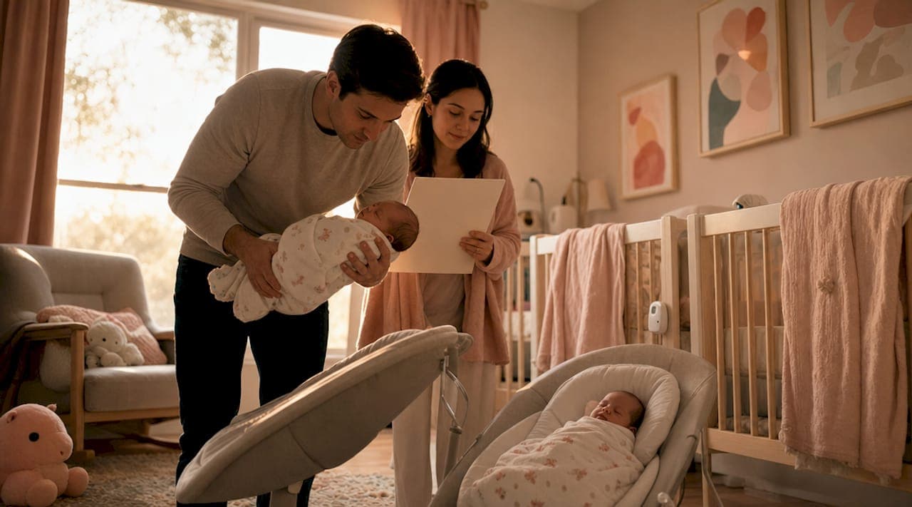 Parents managing twin sleep in nursery