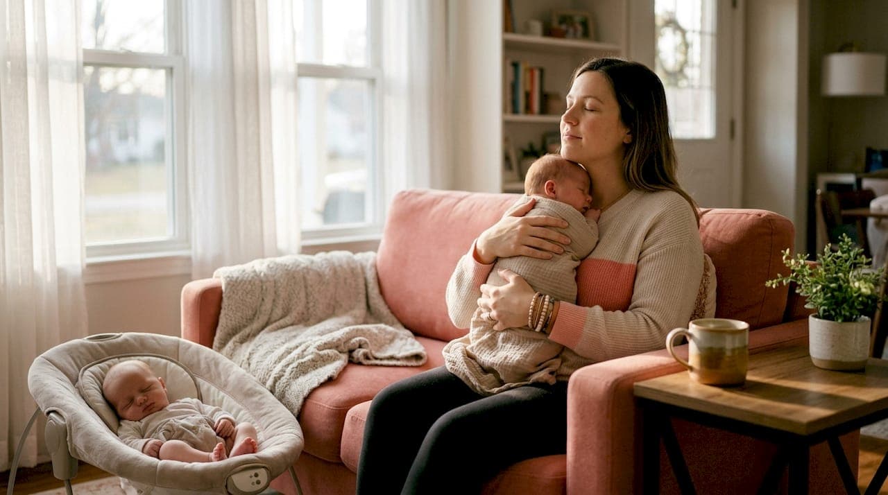 Mother practicing self-care with twins in nursery