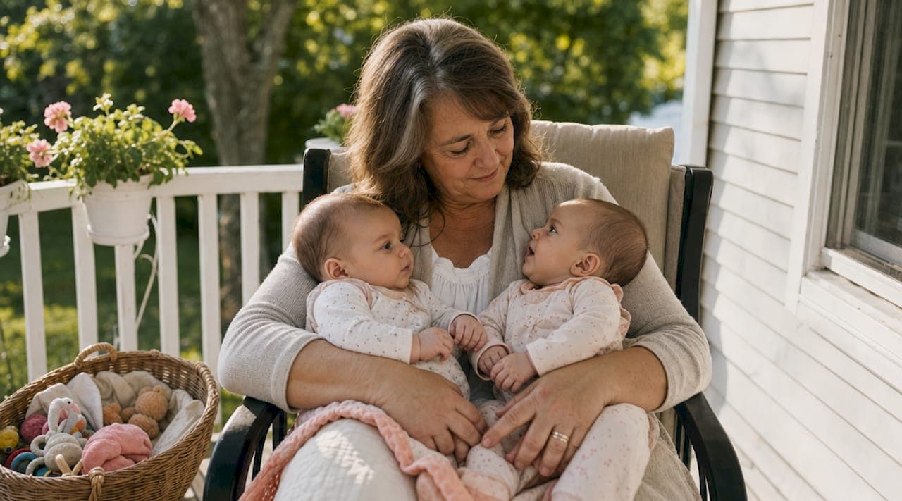Grandmother holding twin infants on sofa in living room