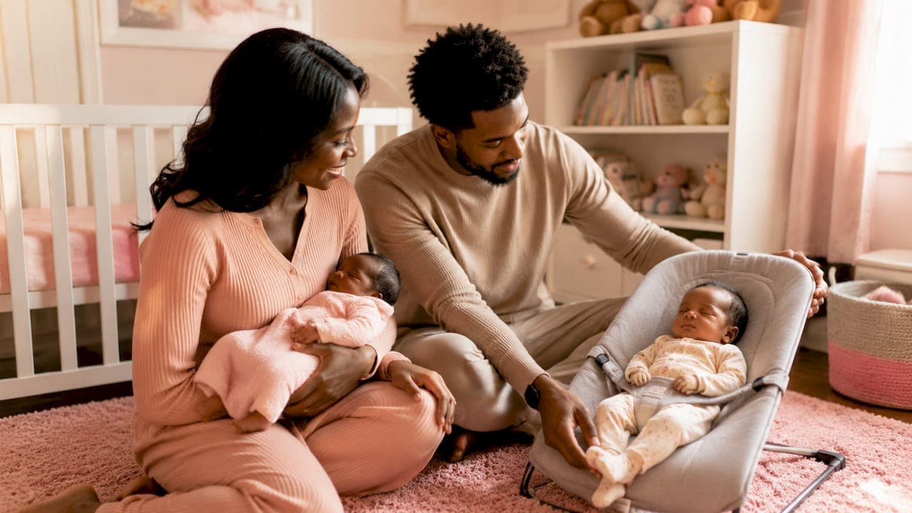 Twin parents caring for newborns at home