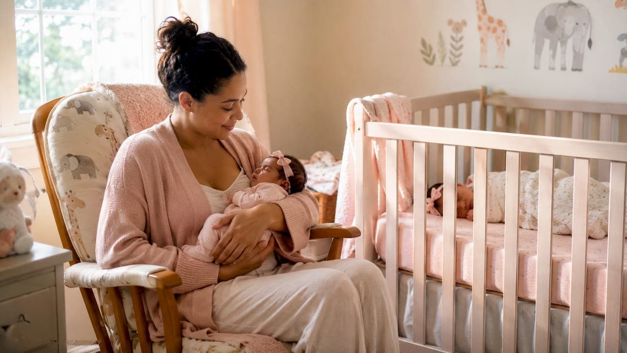 Mother holding newborn twins at home