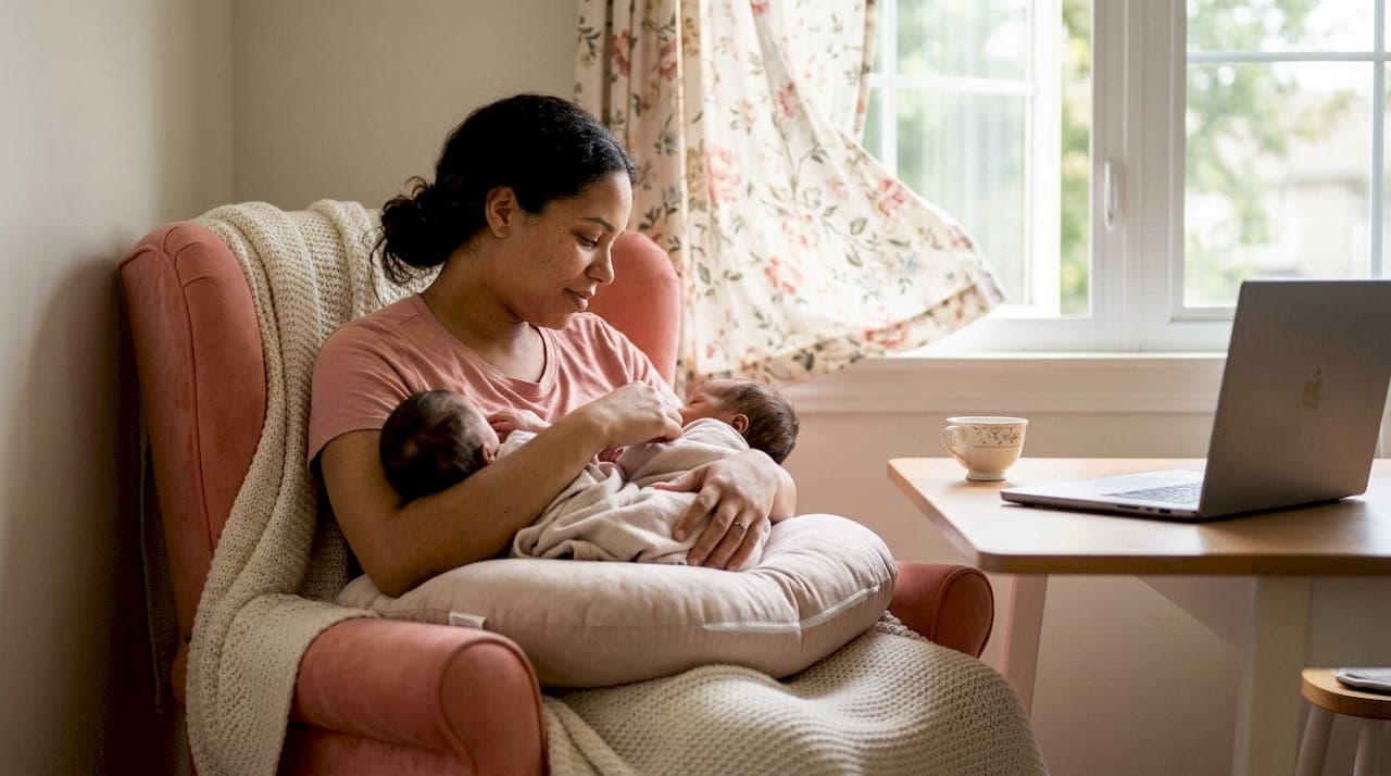 Mother demand feeding twin babies at home