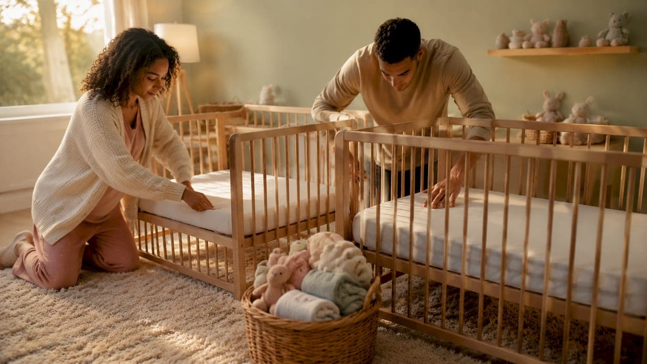 Parents setting up separate cribs in nursery