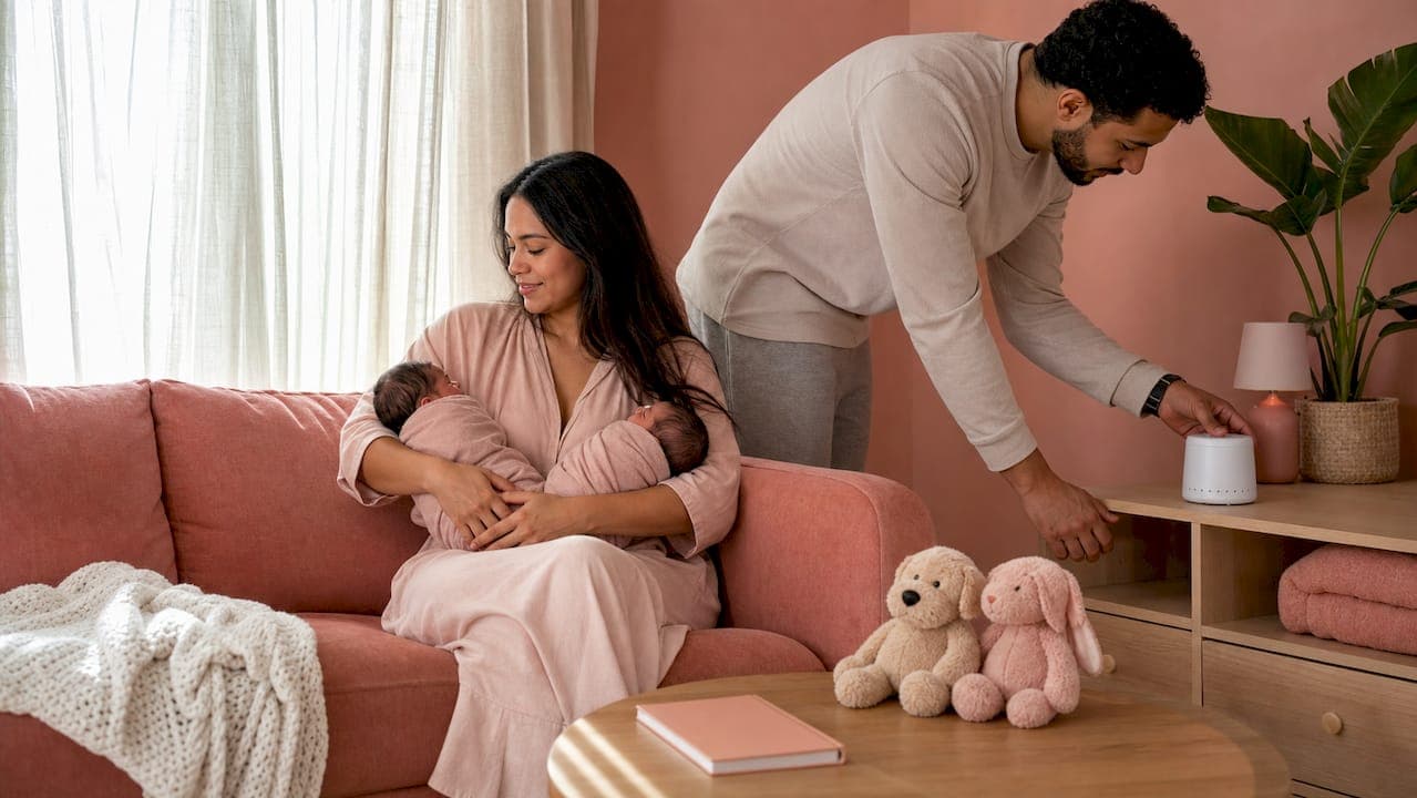 Parents holding twins in a cozy nursery