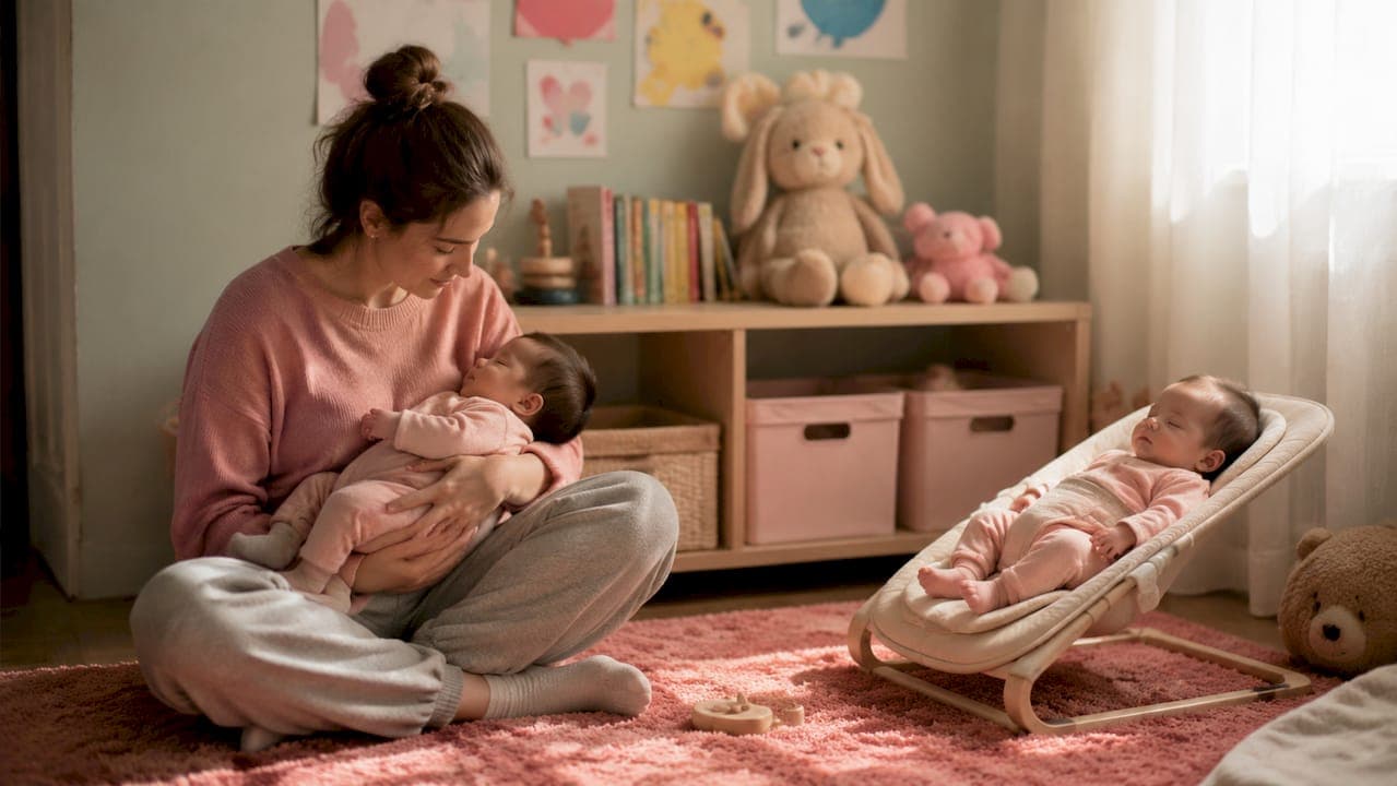 Mother gently holding newborn twins in nursery