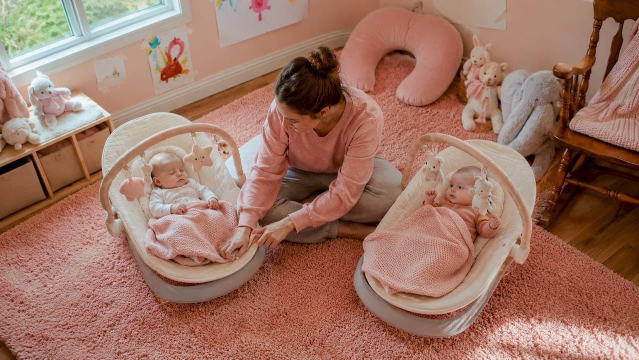 Parent sitting with twin baby gear in nursery