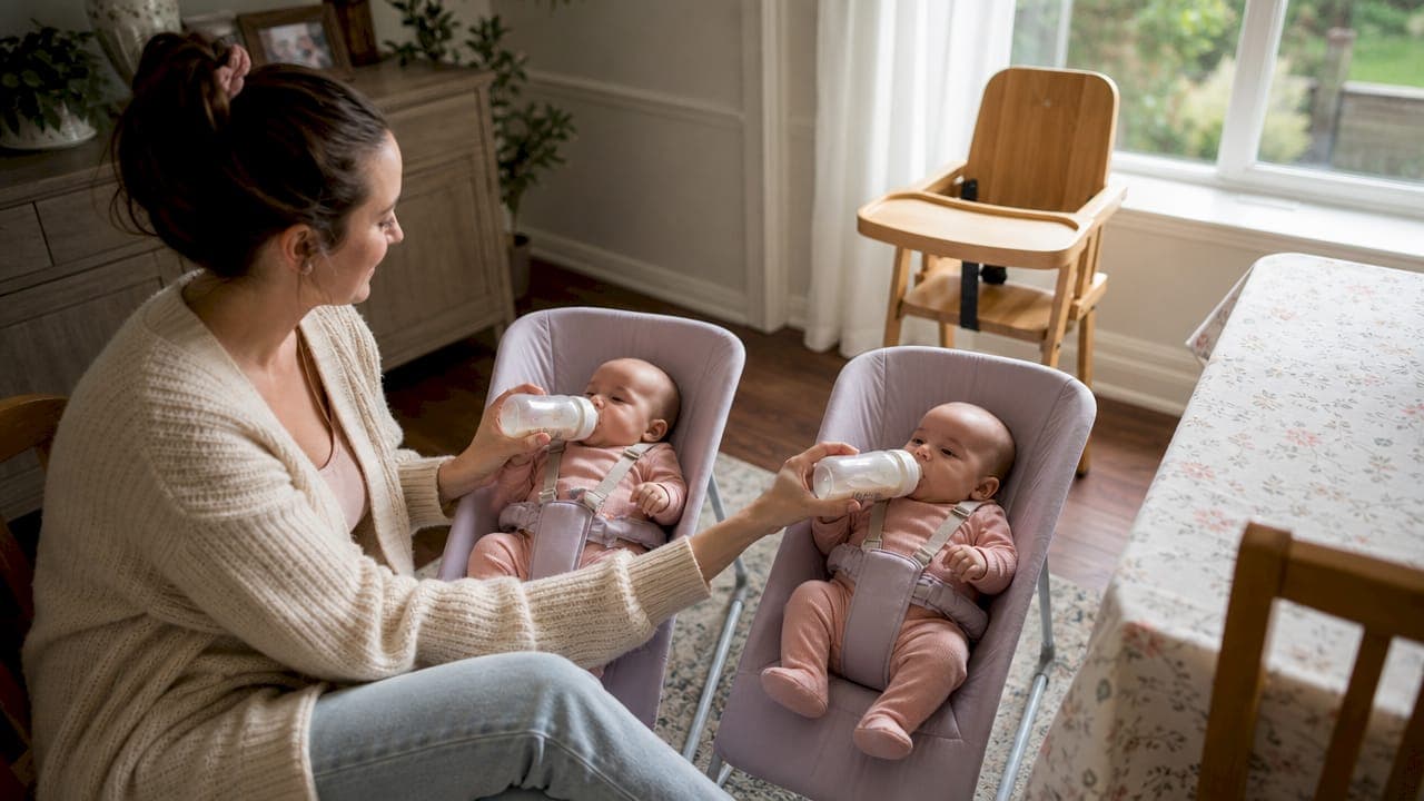 Babysitter feeding twin infants together