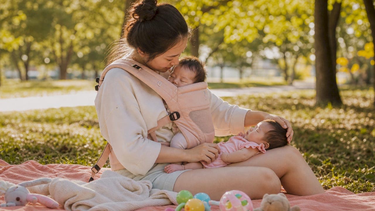 Mother soothing newborn twins at home