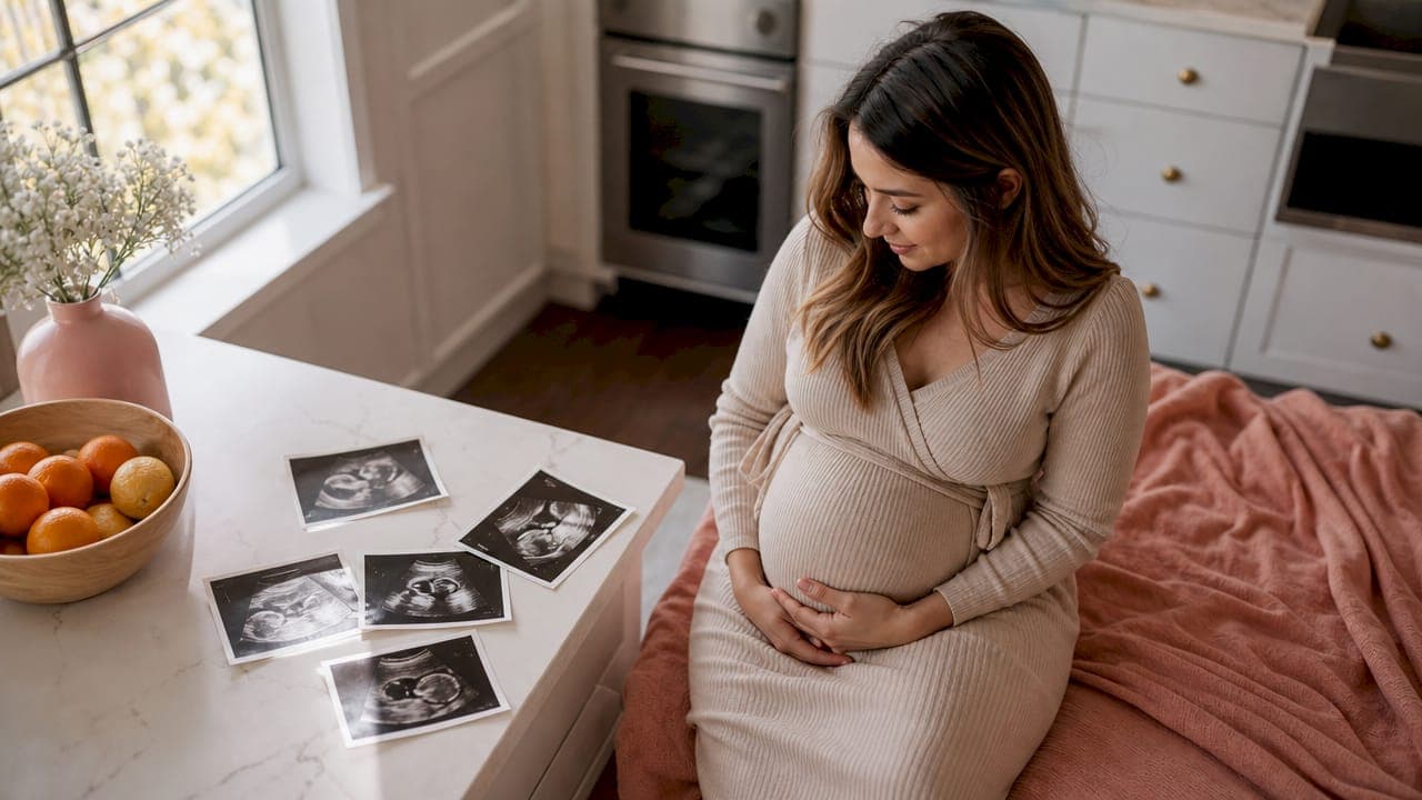 Pregnant woman cradling bump at home