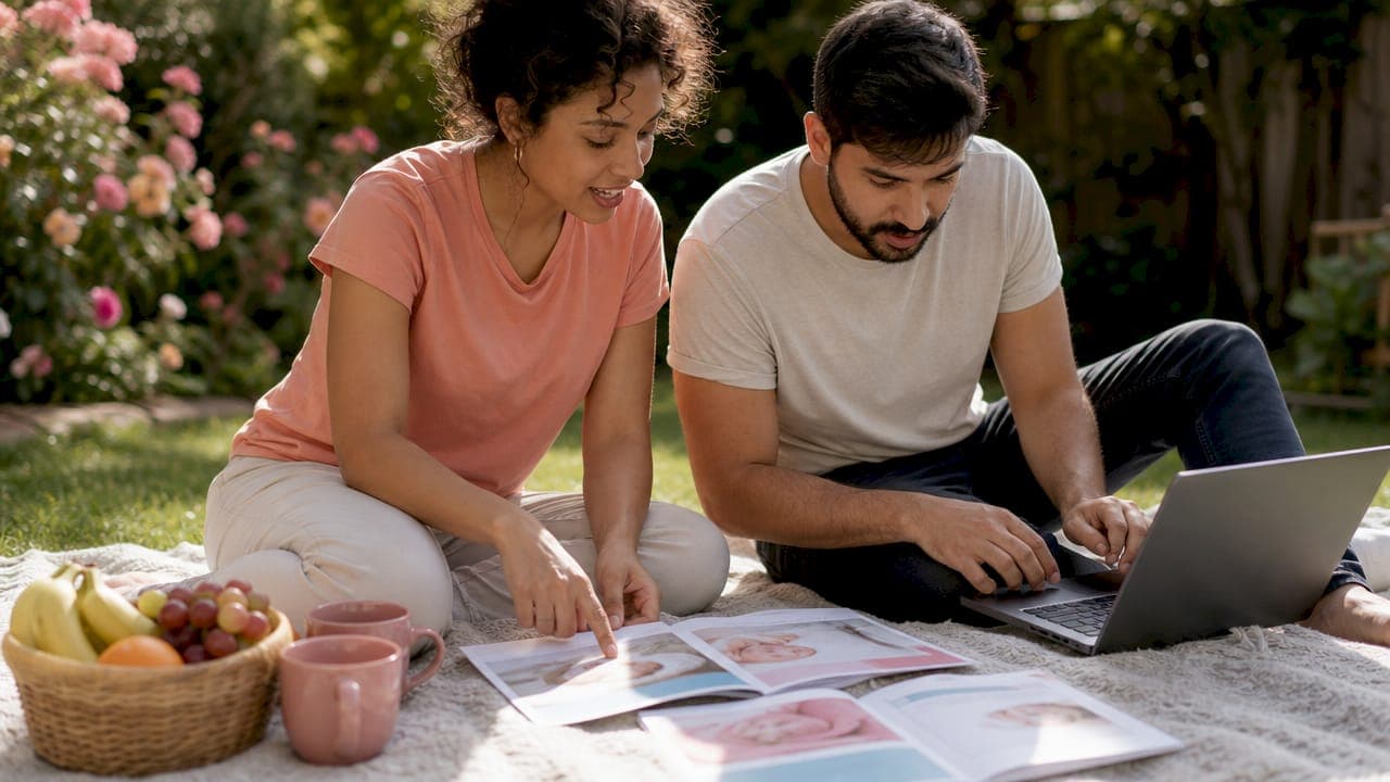 Couple researching twin parenting communities at kitchen table