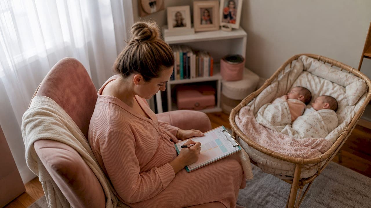 Mother writing feeding log for newborn twins