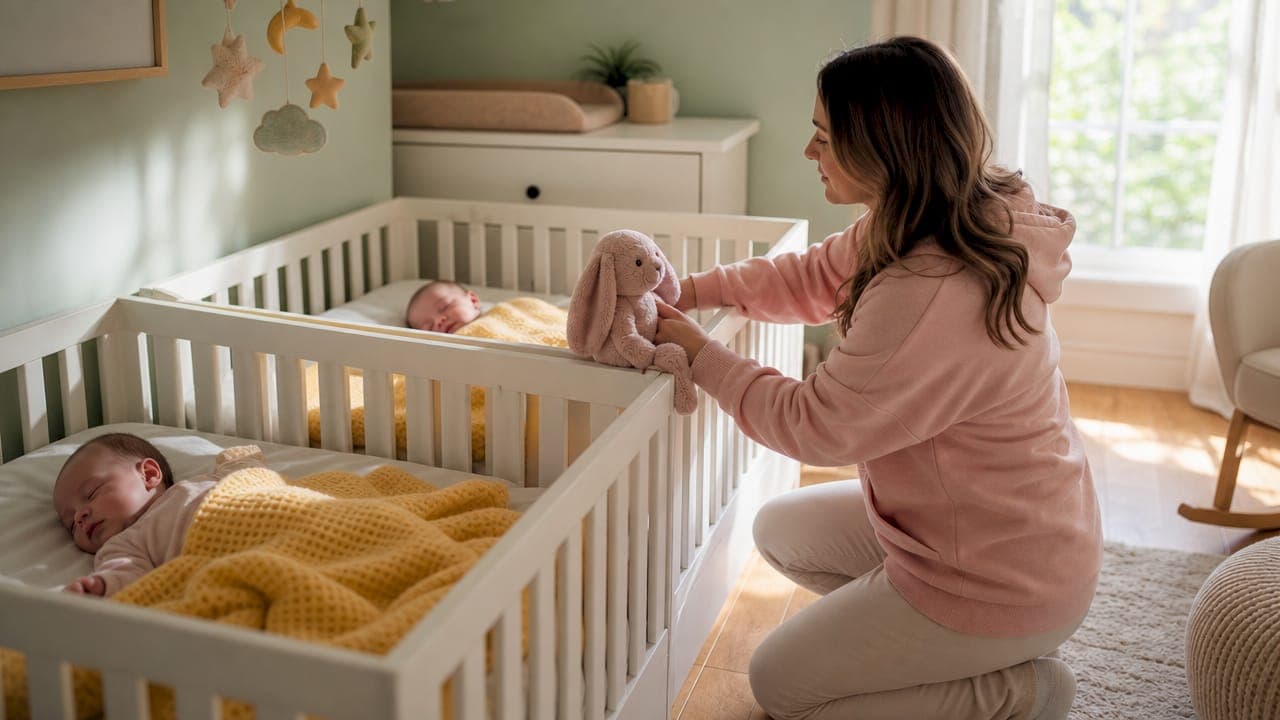 Twin babies napping side-by-side in cribs