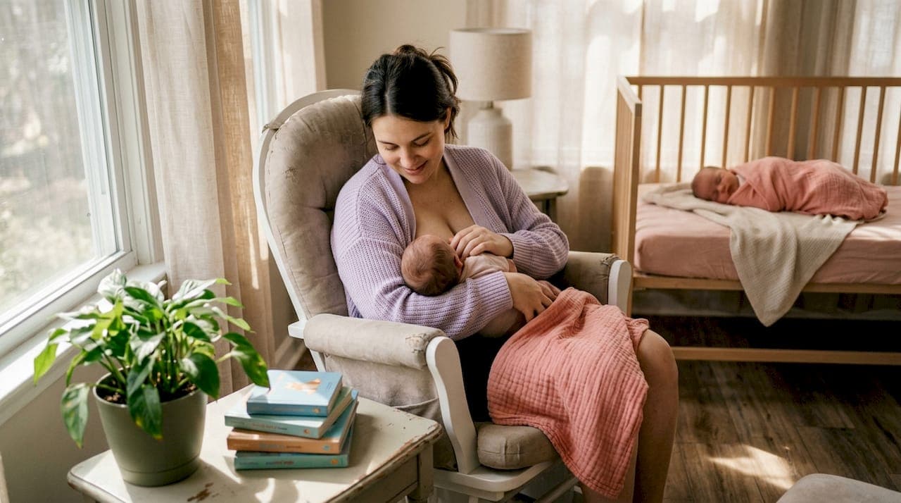 Mother breastfeeding one twin while other rests nearby
