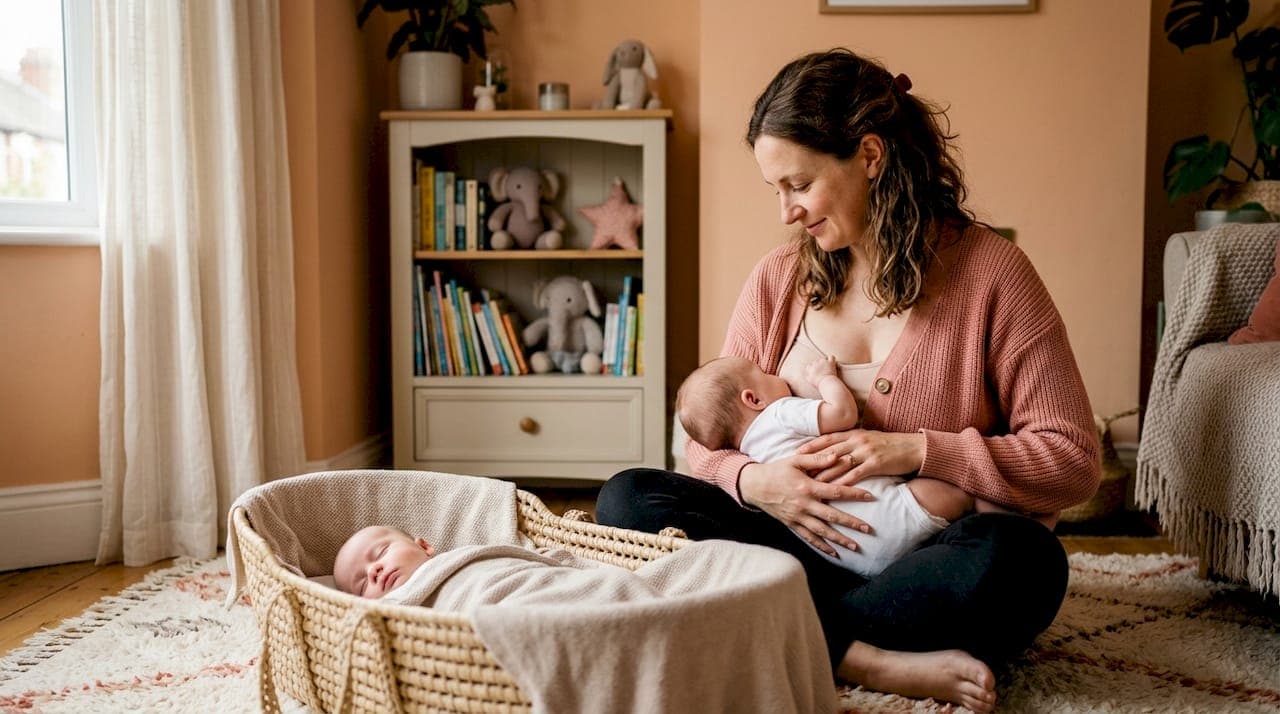 Mother breastfeeding one twin in a cozy nursery