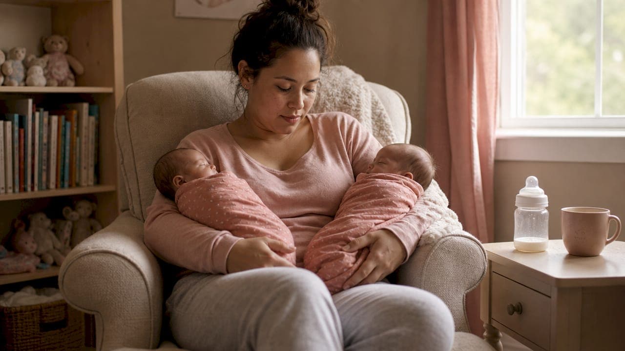 Mother holding sleeping twin babies on couch