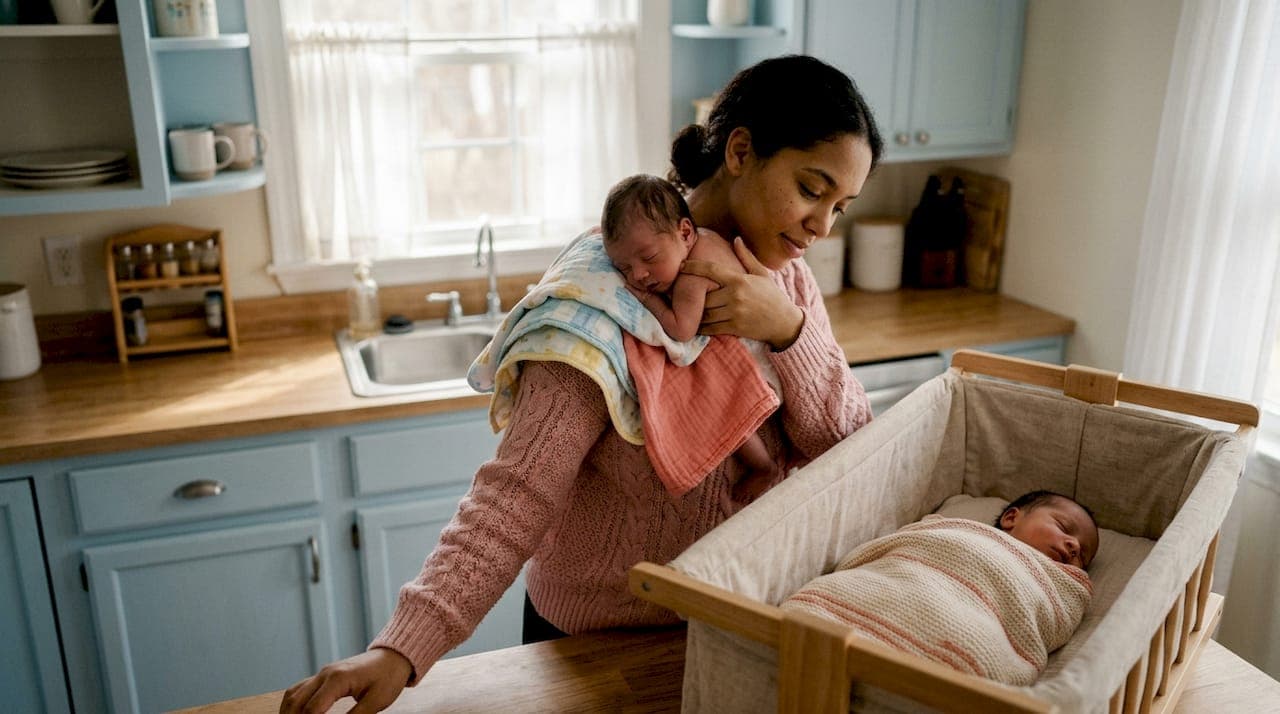 Mother burping one twin while other rests on pillow