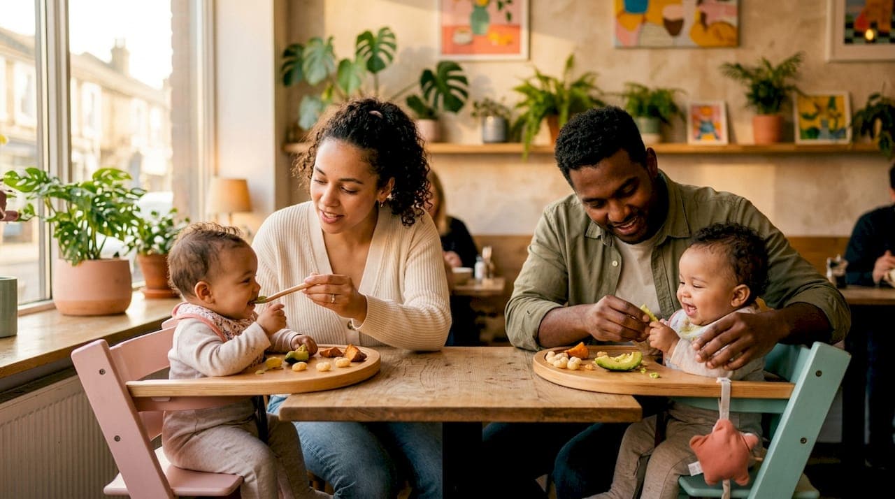 Parents feeding twin babies in high chairs