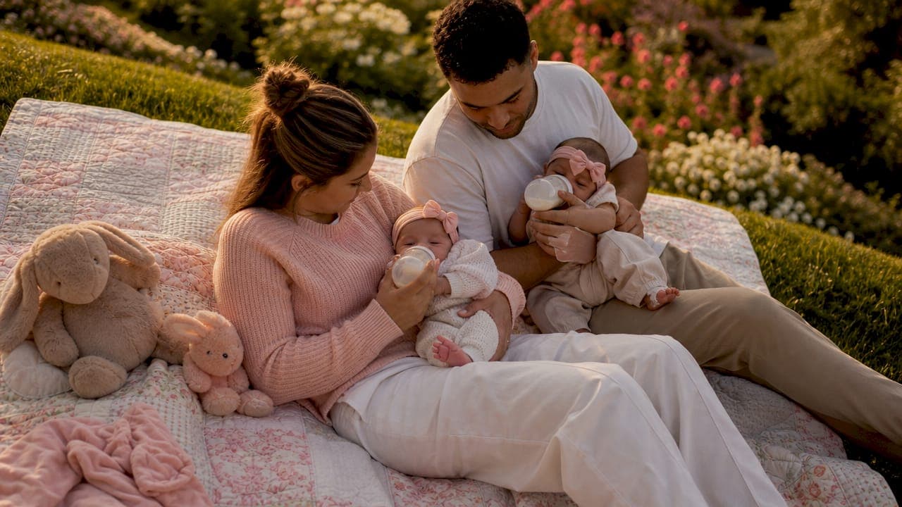 Parents bottle feeding twin babies in nursery