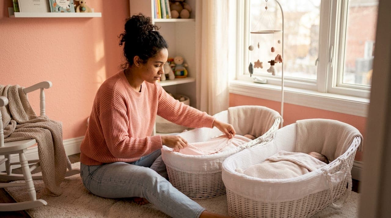 Mother arranging separate bassinets for twin babies