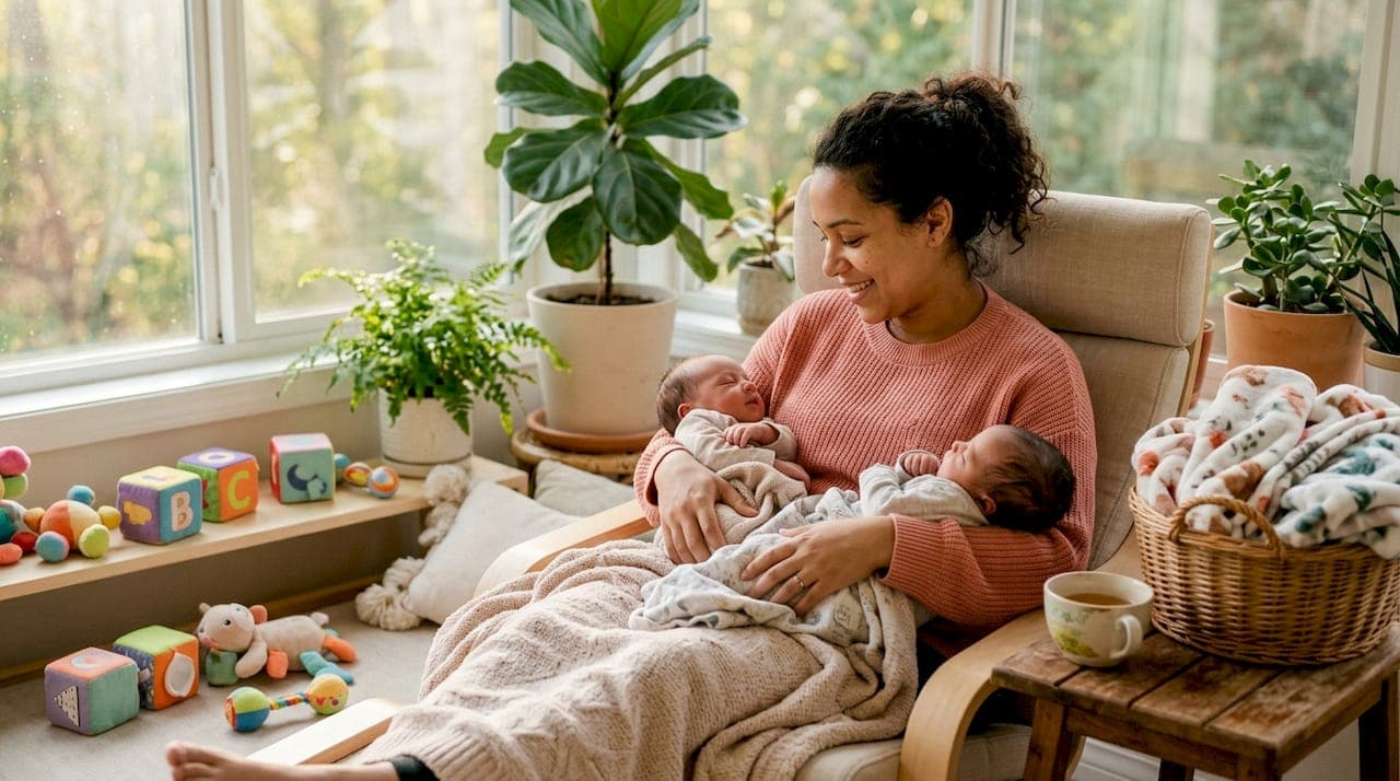 Mother holding twin babies at home