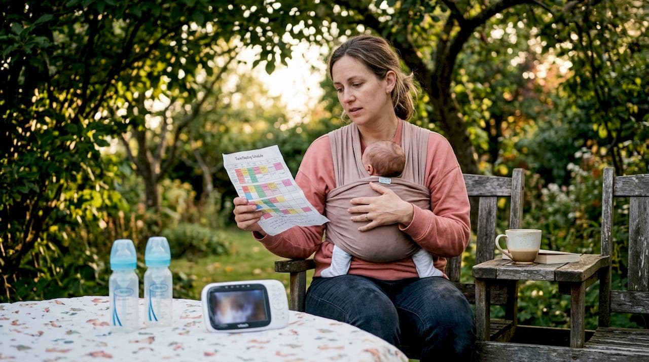 Mother managing twin feeding schedule at kitchen table