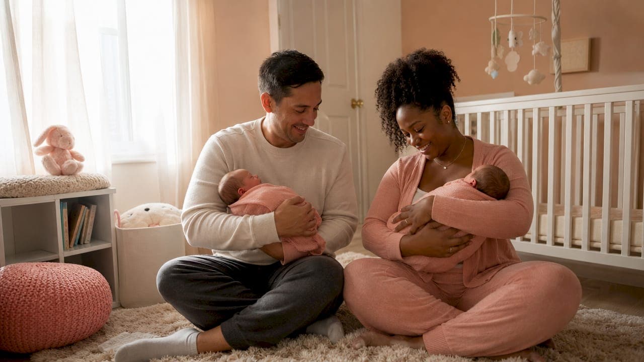 Parents holding twin babies in nursery