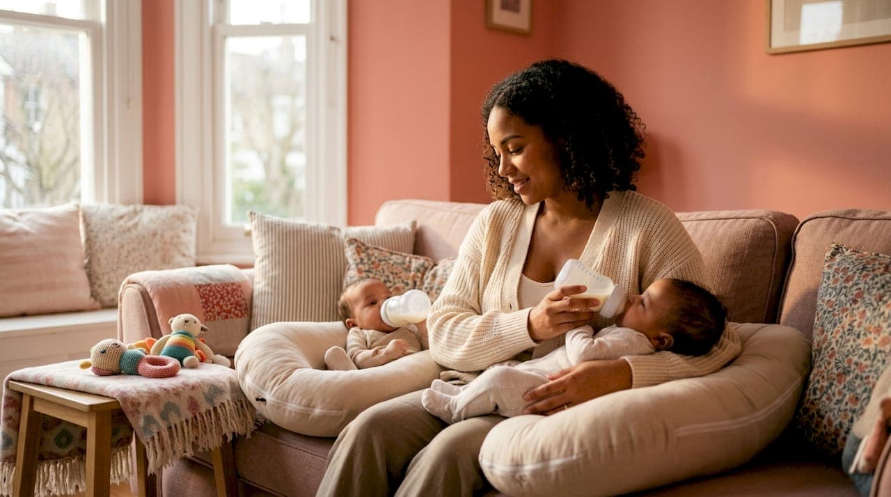 Mother feeding twin babies together in nursery