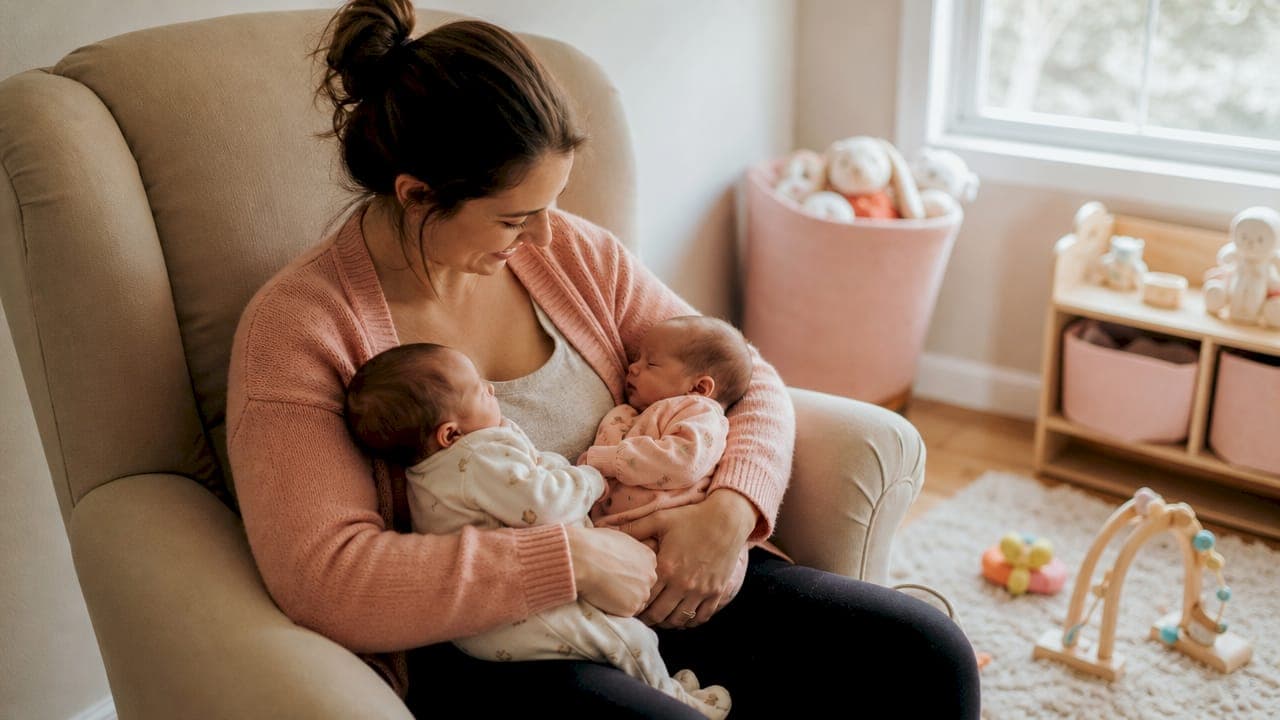 Mother holding newborn twins at home