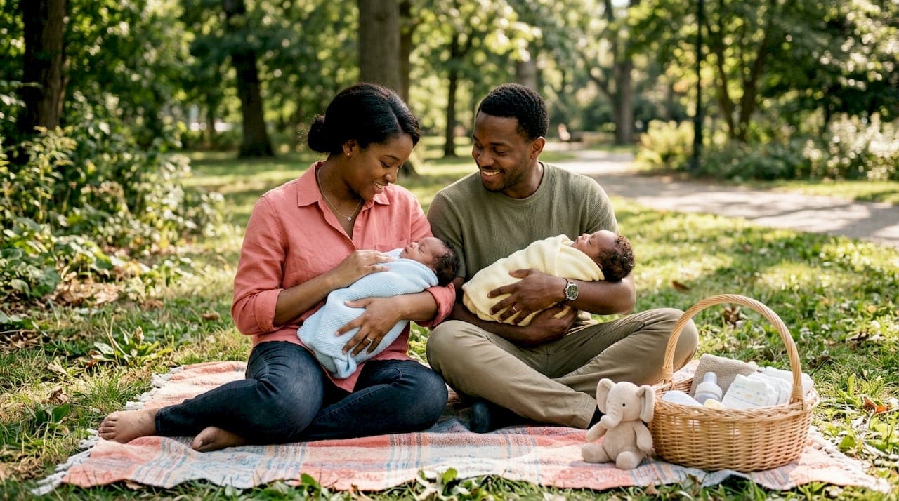 Parents holding premature twins at home