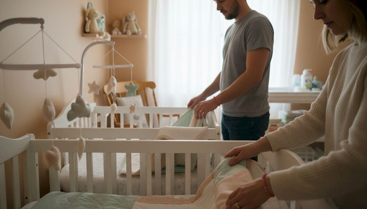 Parents setting up twin nursery space