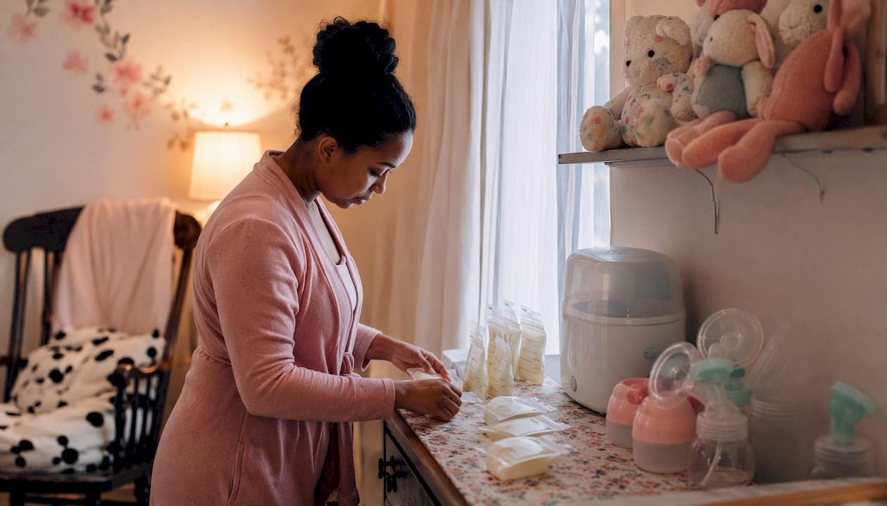 Mother organizing breast milk storage bags