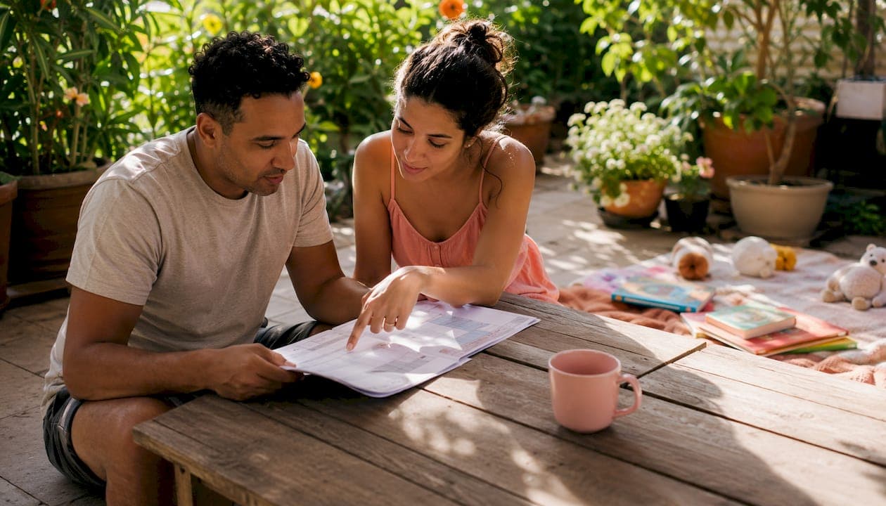 Parents reviewing twin activity schedule at home