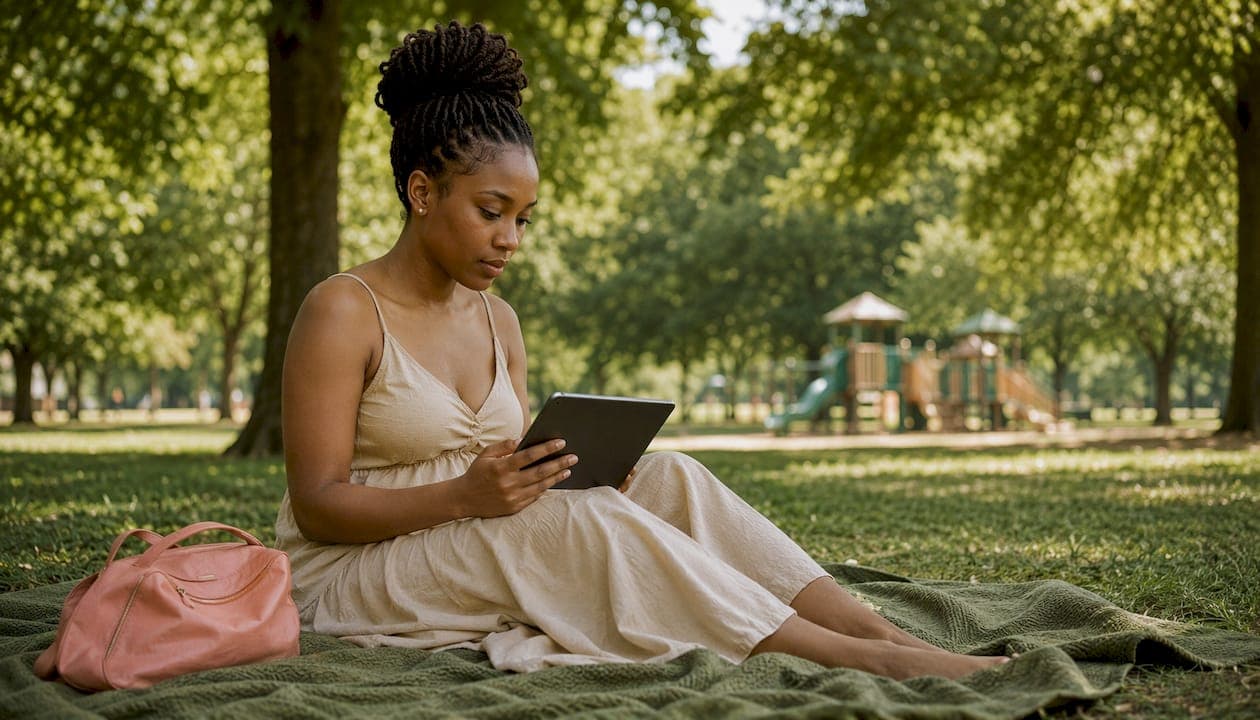 Young mother browsing motherhood websites on tablet