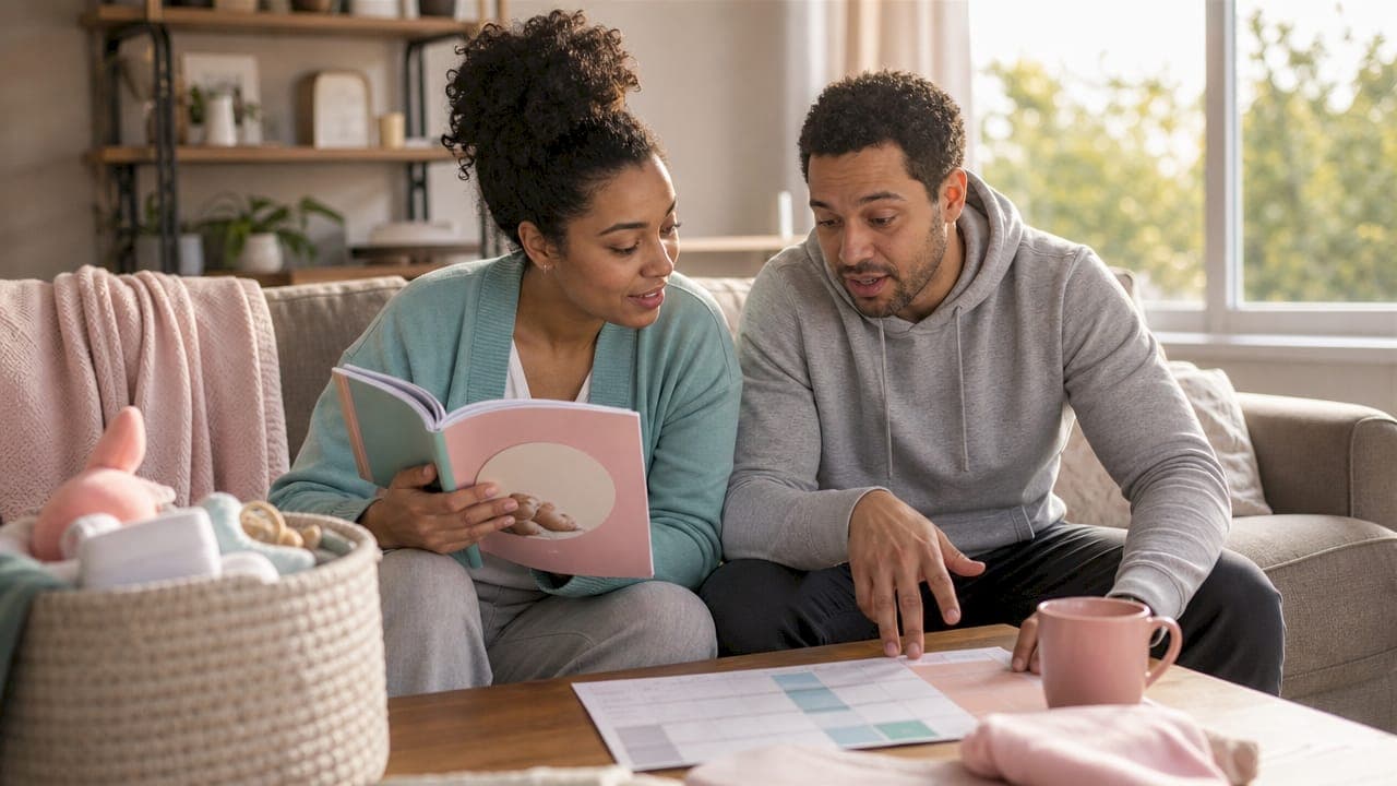 Couple researching twin parenting support communities at kitchen table